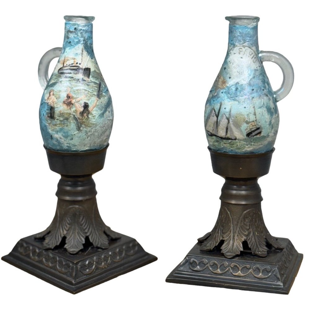 Upcycled Mid-Century Glass and Brass Candle Holders, Hand Painted & Decoupaged